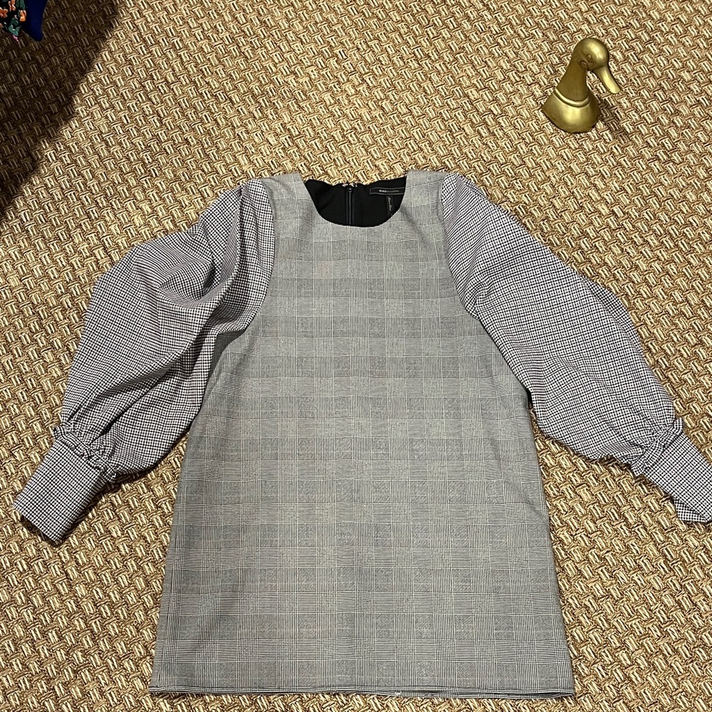 BCBGMaxAzria Black and Gray Mini Dress with Patterned Sleeves